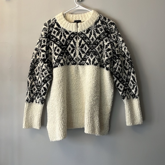 Talbots Half-Zip Argylle Snowflakes Off White Black Cozy Sweater Size 1X Petite - Picture 3 of 14